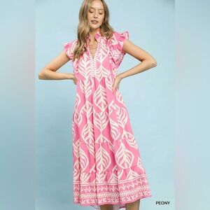 Umgee Leaf Print Tiered Maxi Dress with Pockets